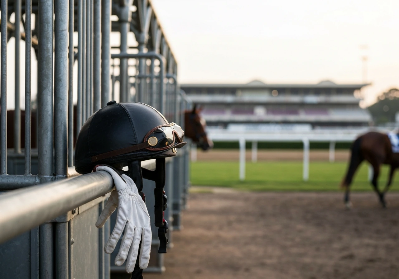 Jockey helmet and gloves beside the starting gate with a blurred racetrack in the background.