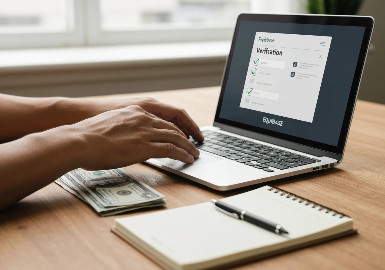 Anonymous hands using a laptop with a generic checklist overlay for verifying earnings