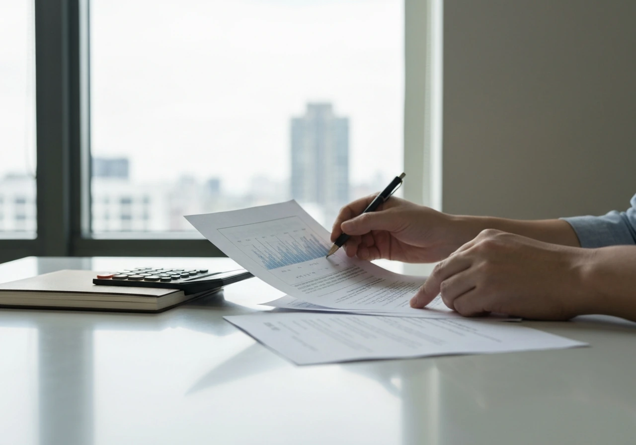 Hands reviewing financial documents beside a calculator and notebook in a quiet office setting