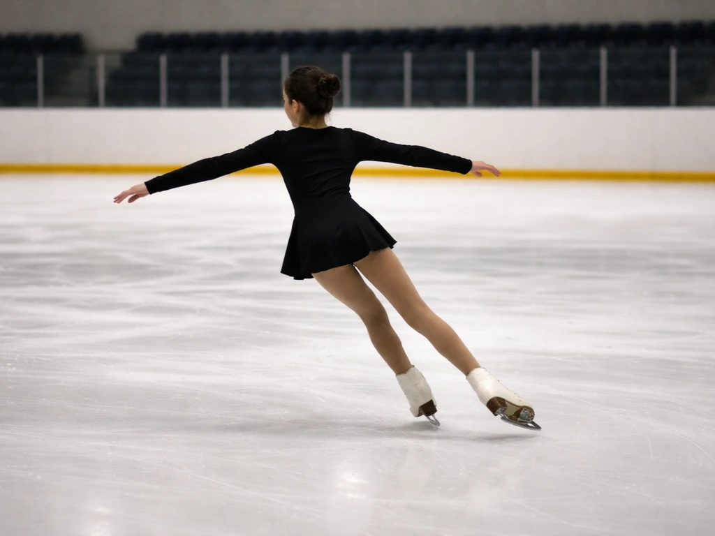 Figure skater training on an ice rink during a junior competition, with empty stands in the background.