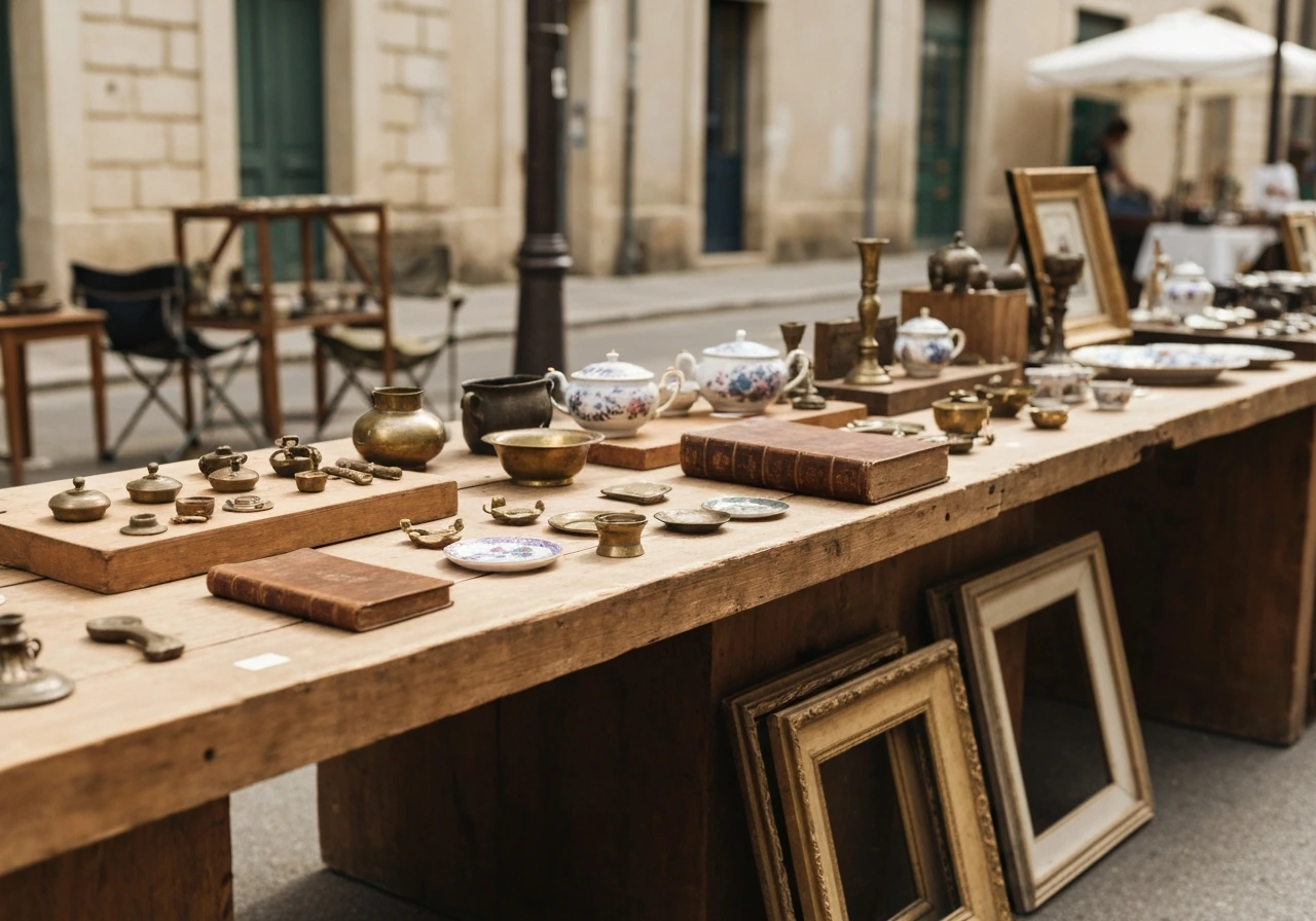 Antiques market stall in L’Isle-sur-la-Sorgue with assorted vintage items displayed on a table