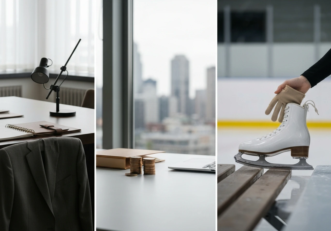 Minimal split collage of three anonymous business-style scenes symbolizing finance, media, and luxury skating