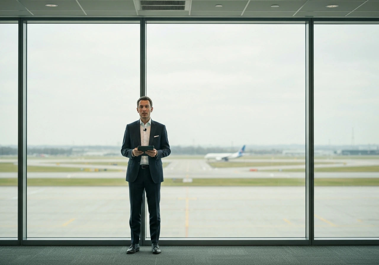 Anonymous executive in a dark suit stands by an office window looking over an airport runway and aircraft.
