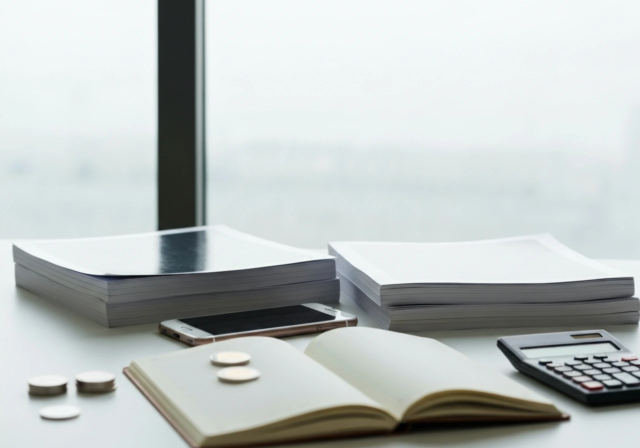 Minimal desk scene with business papers, calculator, and phone symbolizing conflicting financial estimates