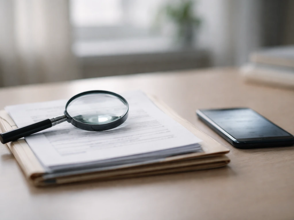 Magnifying glass over financial documents beside a smartphone in a quiet office setting