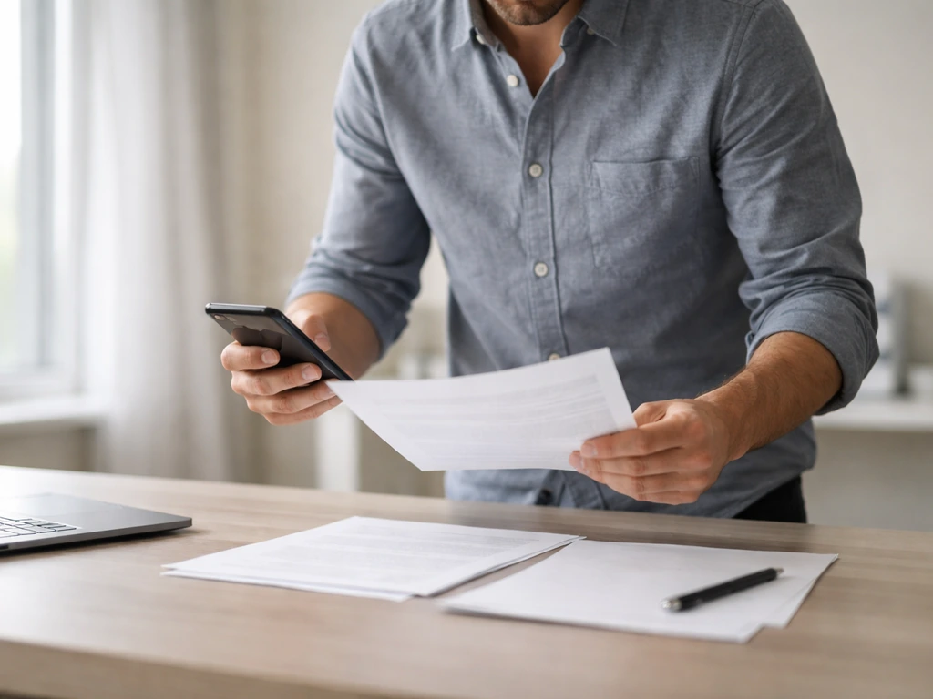 Candid office scene with a man working beside paperwork and a phone, symbolizing verifying a specific identity.