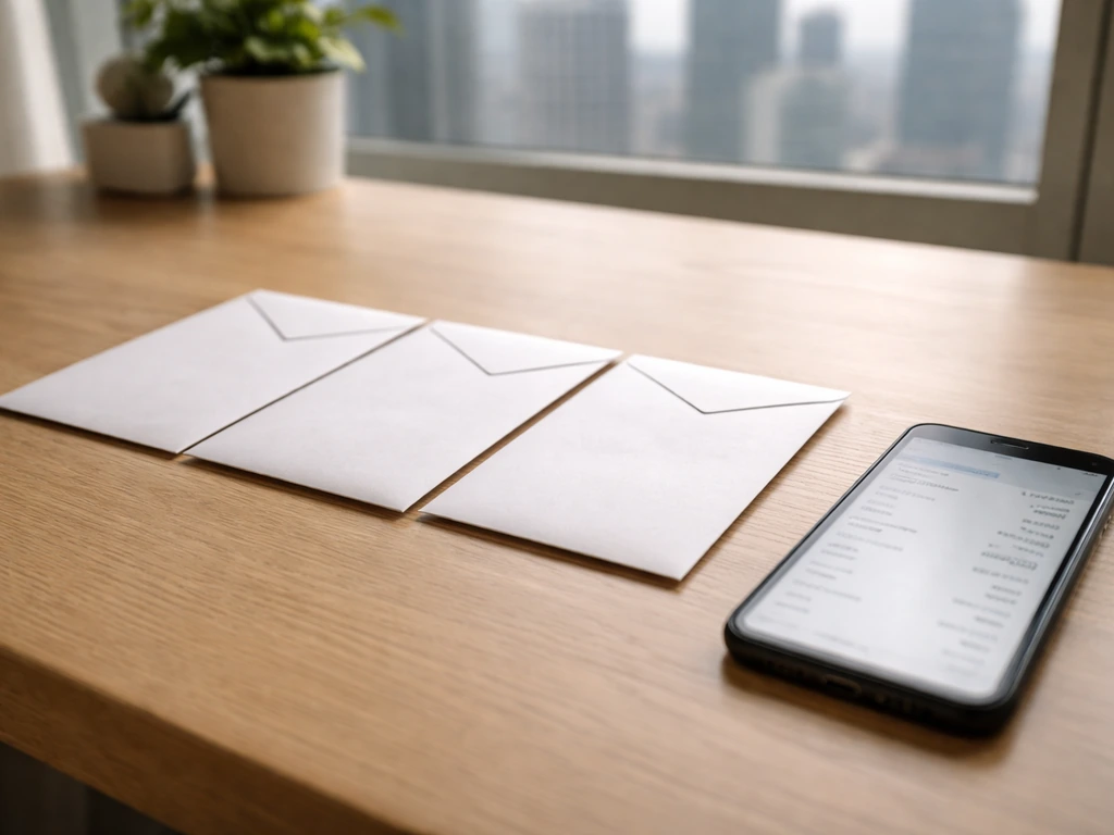 Minimal desk scene with three sealed envelopes and a smartphone showing different financial figures in different dates