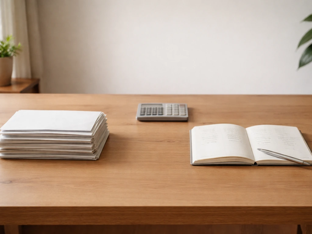 Minimal photo of a desk with scattered money envelopes and an open ledger showing assets and liabilities concept.