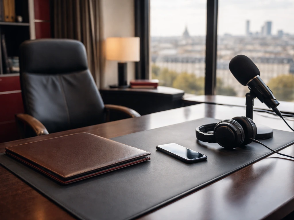 Minimal Paris office scene with headphones and a desktop microphone symbolizing elite football executive work