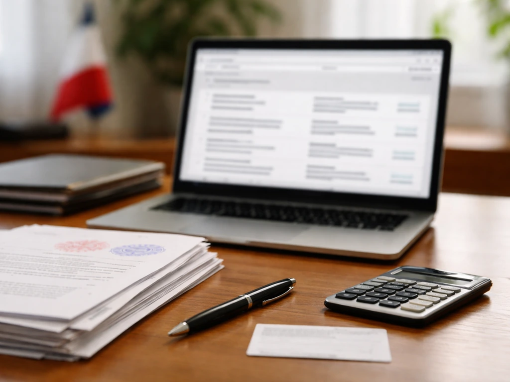 Laptop on a desk showing blurred corporate registry records for a French company, with documents and pen.