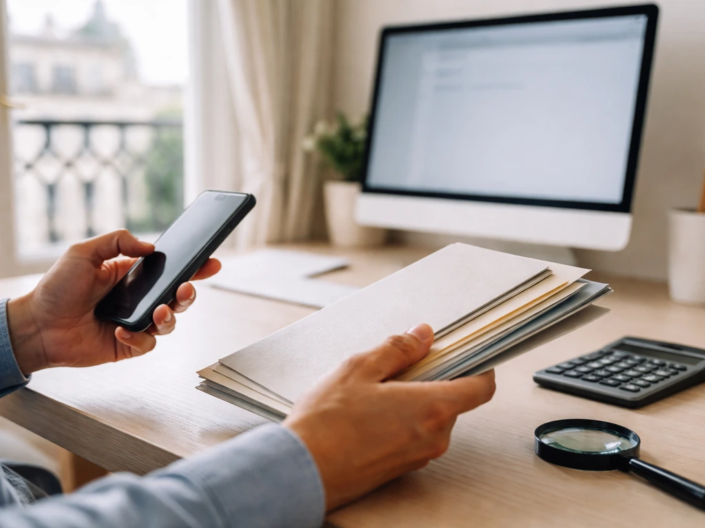Hands verifying corporate documents at a desk with smartphone and magnifying glass, offices research vibe.