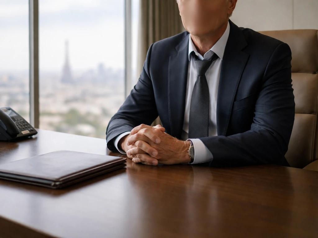 Anonymous banking executive in a sleek office with a city view, suggesting a BNP Paribas–style leadership setting.