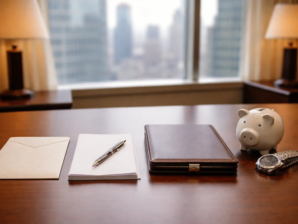 Minimal office desk with envelope, documents, leather portfolio, and watch symbolizing executive income sources