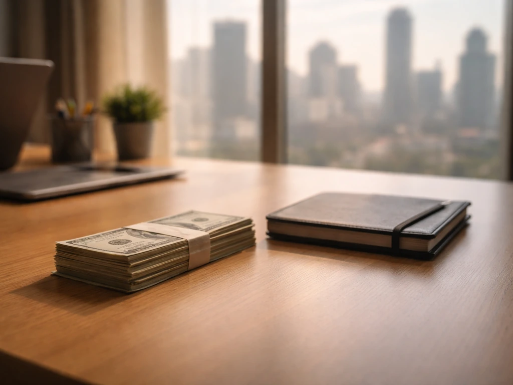 Minimal desk scene with a small stack of cash and blurred city skyline, symbolizing comparing net worth tiers.