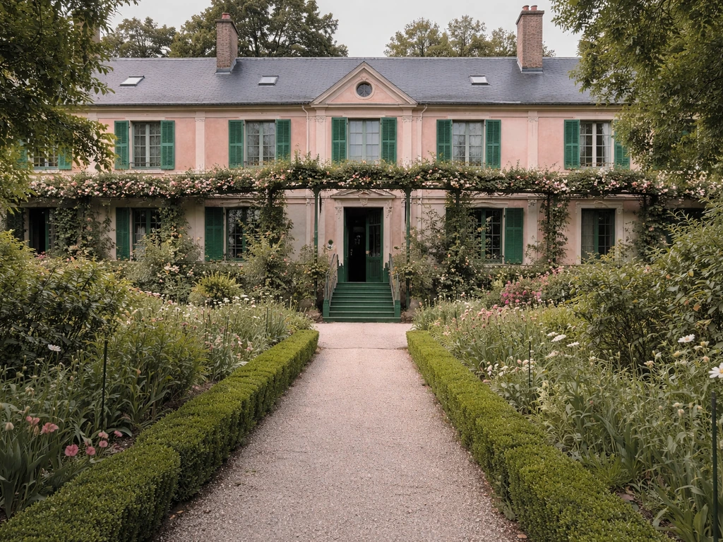 Quiet view of Claude Monet’s Giverny house and gardens, evoking the estate around the time of his death.
