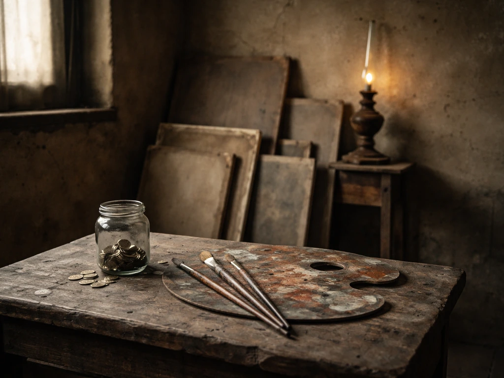 Empty artist studio with unsold canvases, worn supplies, and a modest coin jar suggesting early financial struggle
