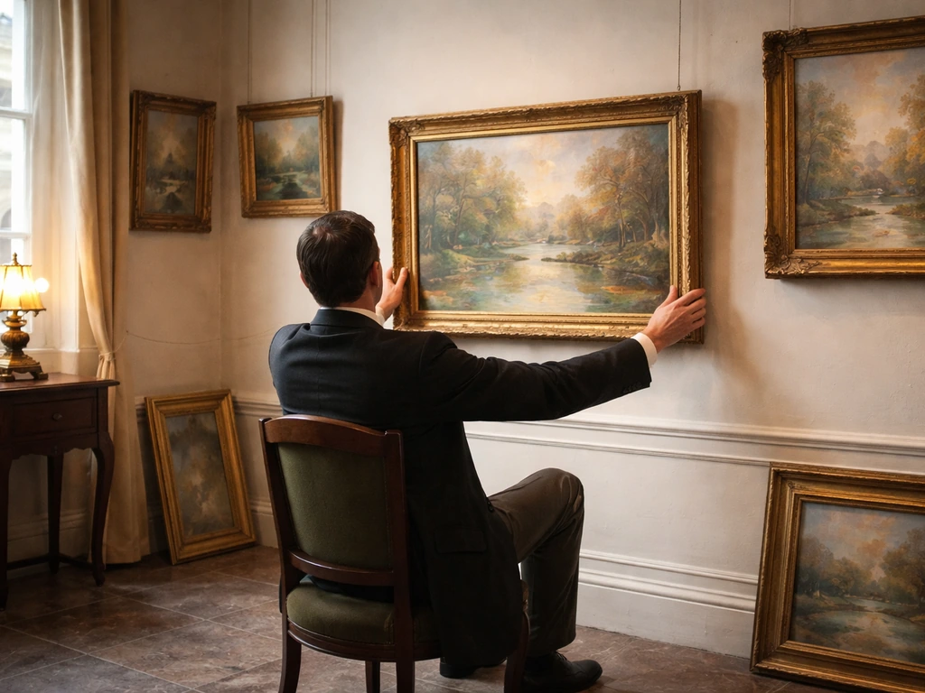 Period art gallery scene with an anonymous dealer hanging Monet-like paintings in soft light.