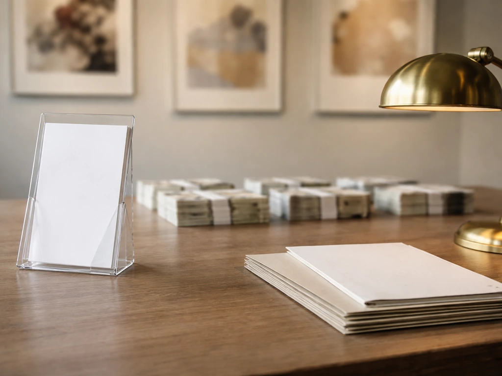 Minimal art-gallery desk scene with soft abstract frames and symbolic financial items, no people or text.