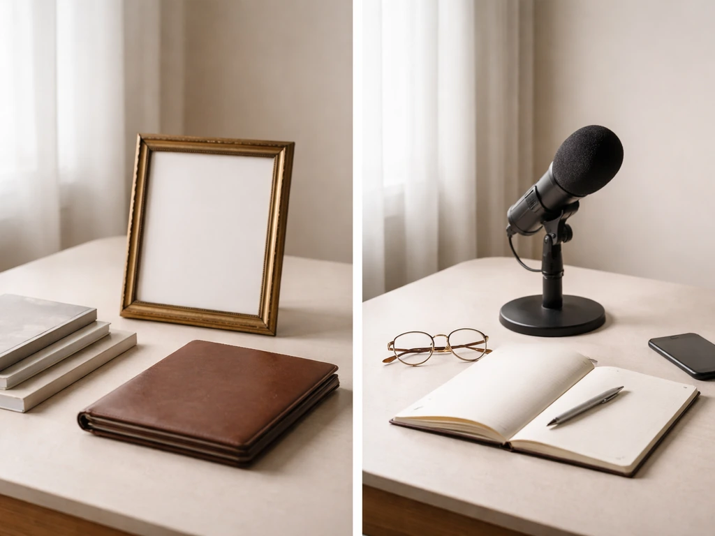 Two-panel desk scenes: art catalogs on the left and microphone media workspace on the right.