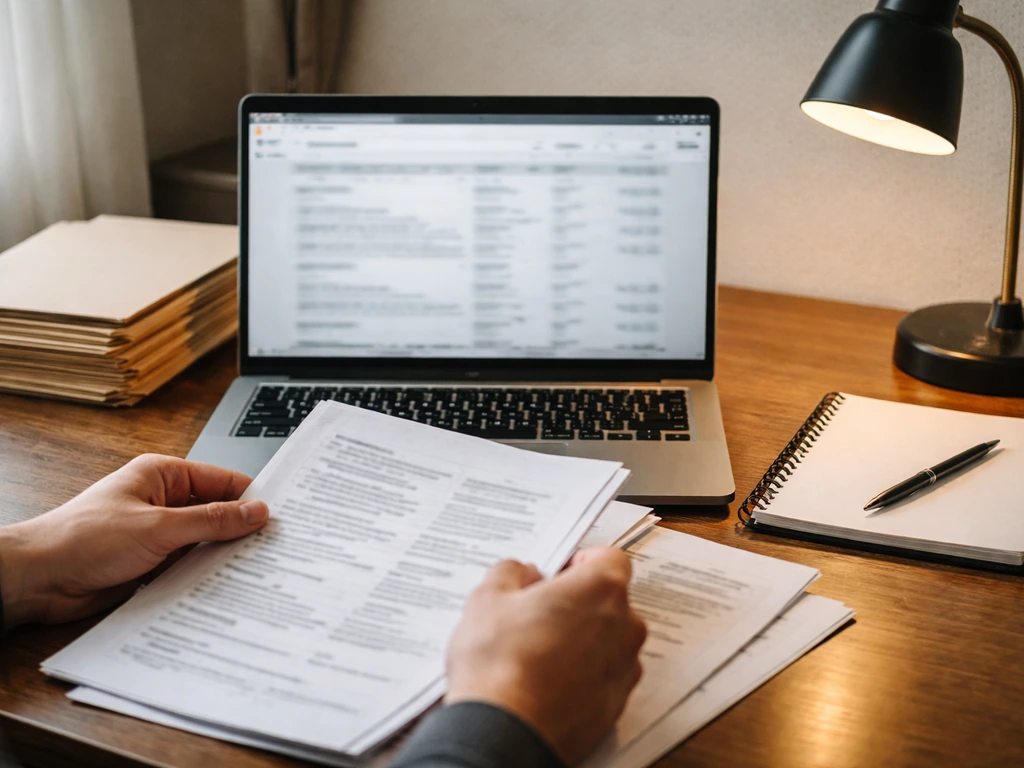 Investigator-style desk with open laptop showing blurred records search pages and folders on natural light.