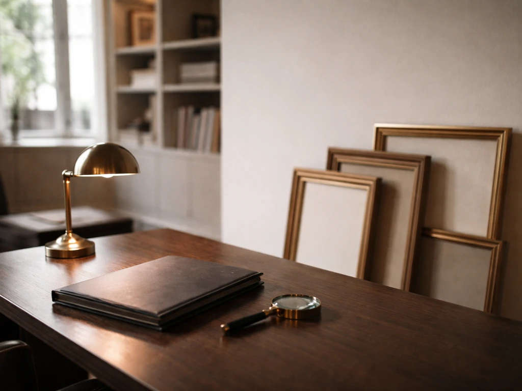 Minimal luxury art gallery office scene with desk items and empty frames suggesting private art valuation.
