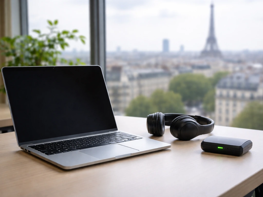 Minimal shot of a tech-focused workspace with a subtle Parrot-like device and city view in the background