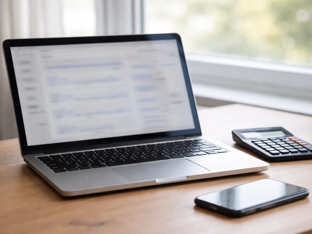 Close-up of a laptop with finance pages open and a calculator beside it on a desk by a window.
