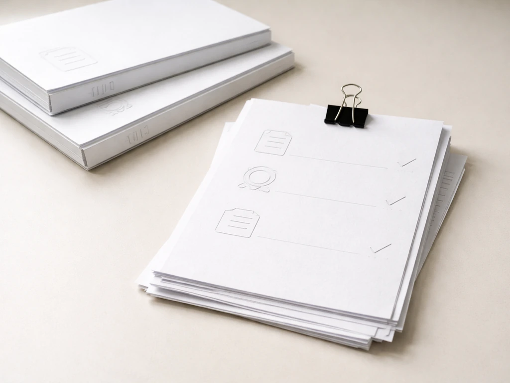 Close-up of neatly stacked financial documents and filings icons, arranged like a simple checklist.