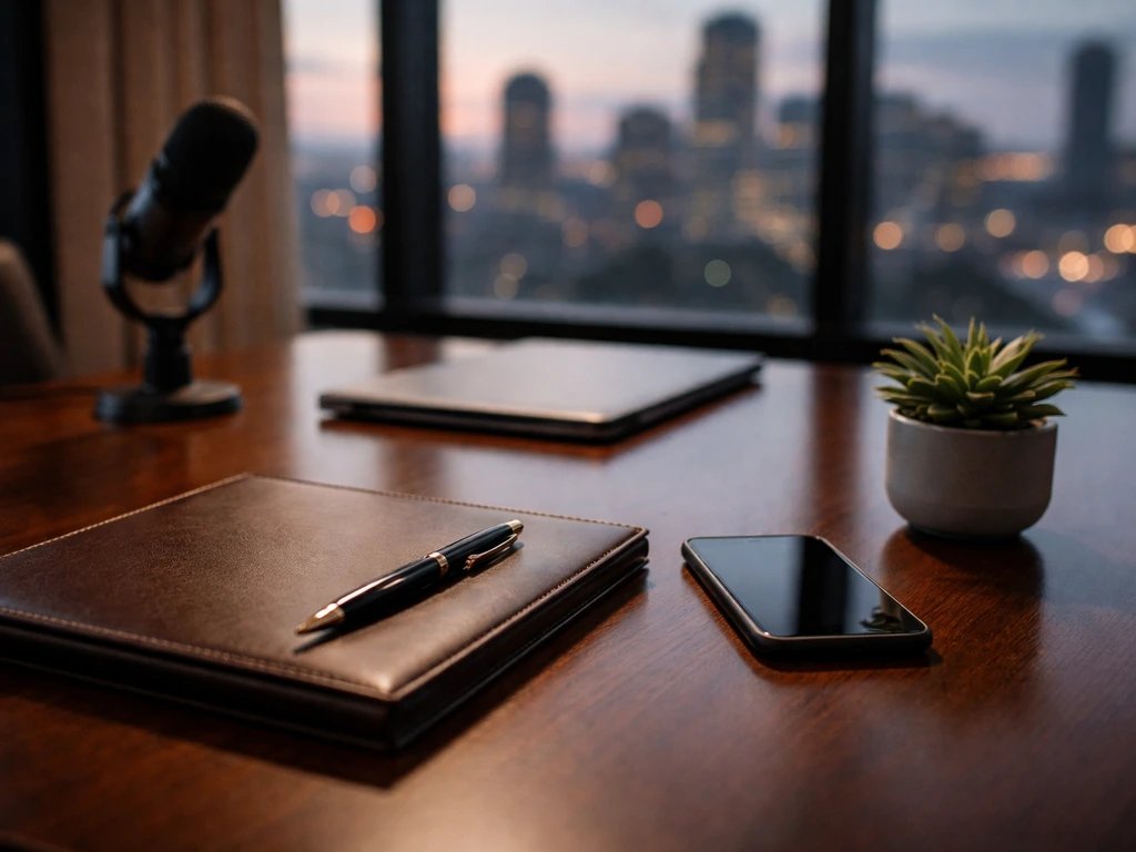 Minimal executive office desk with phone, pen, portfolio, and blurred city skyline, hinting business net-worth analysis.