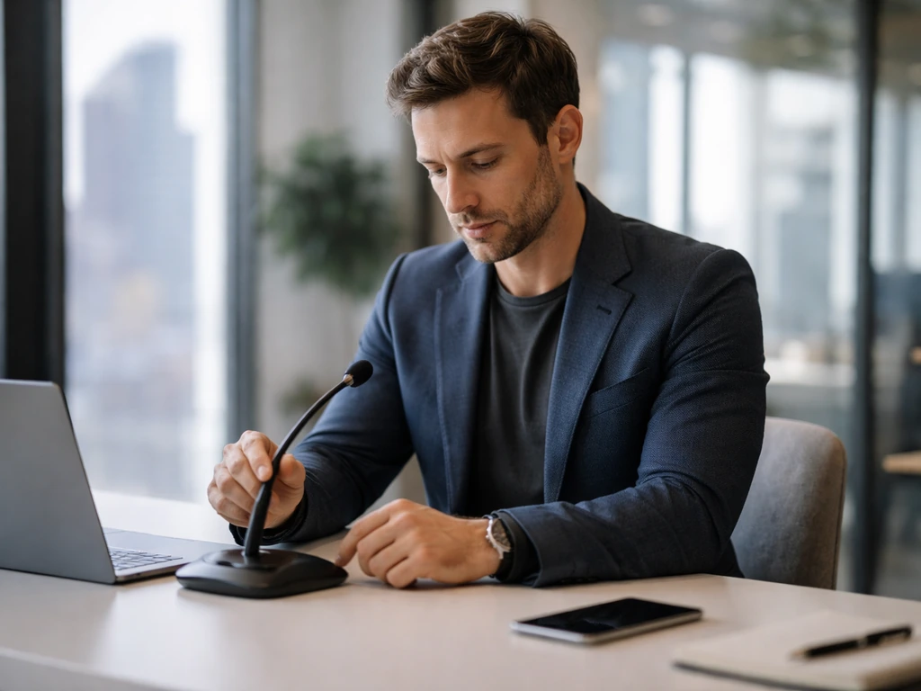 Executive in a minimalist modern office with a handheld mic, suggesting tech leadership and co-founding