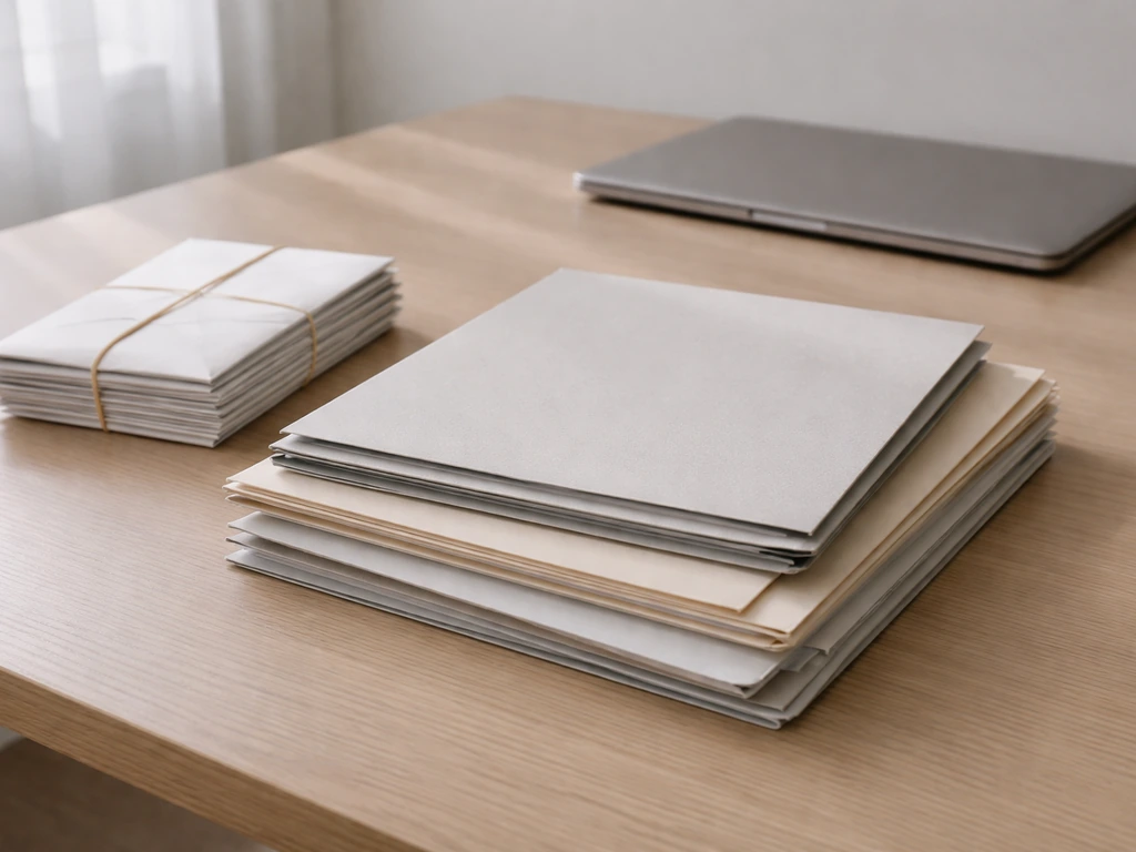 Unlabeled documents and envelopes on a desk with a softly blurred laptop, symbolizing verified finance records.