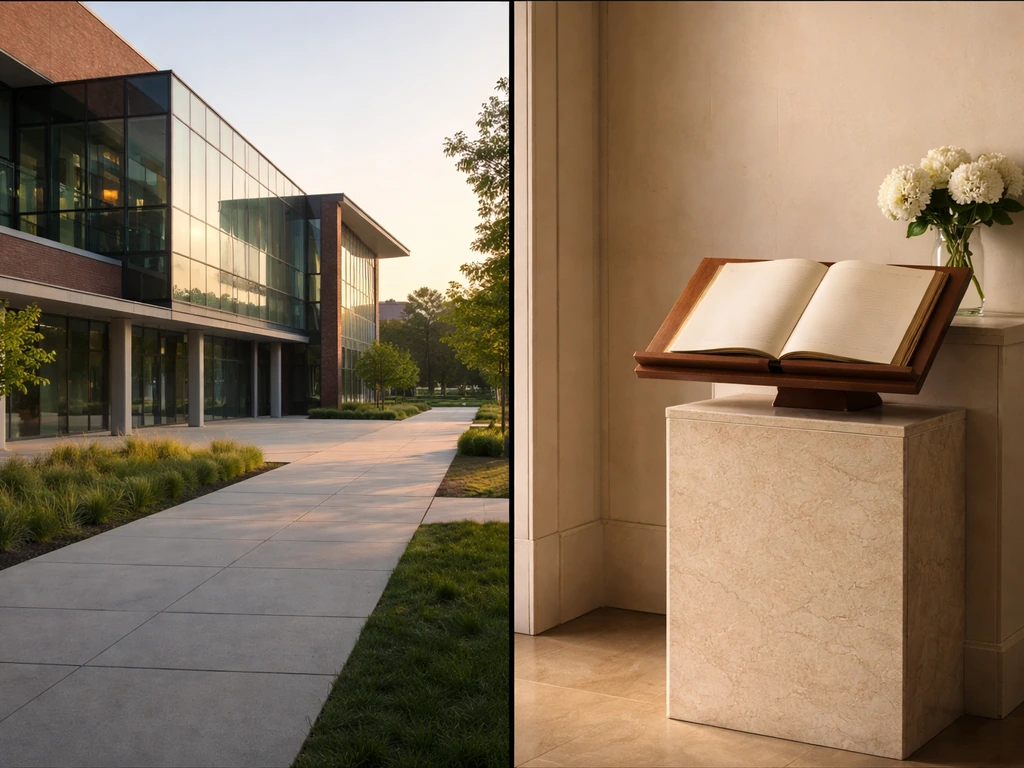 Split photo: a modern campus building on the left and a quiet foundation interior on the right.