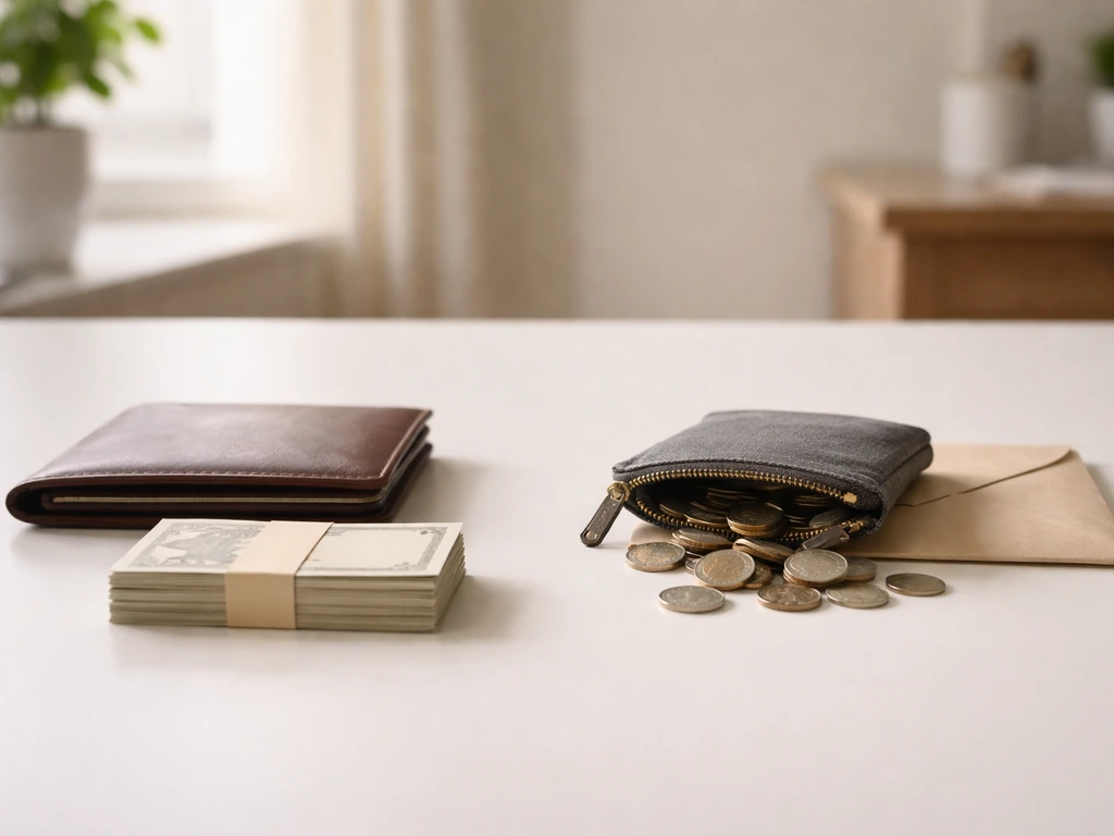 Minimal office desk scene with a portfolio and cash on one side and coins and an envelope on the other.