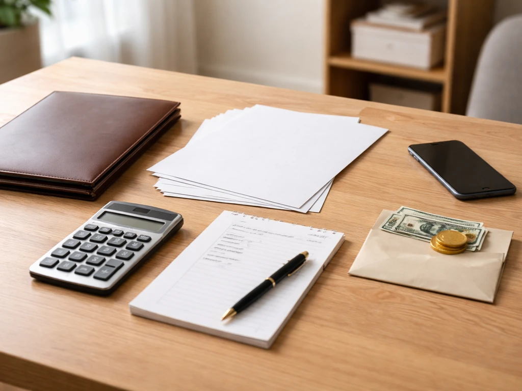 Minimal desk scene with blank documents, pen, calculator, and financial items suggesting net-worth estimation.
