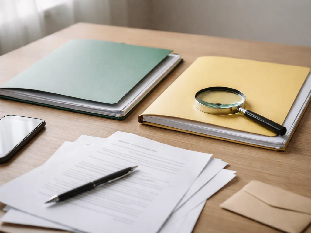 Magnifying glass over documents beside two folders, symbolizing comparing sourced vs unsupported estimates.