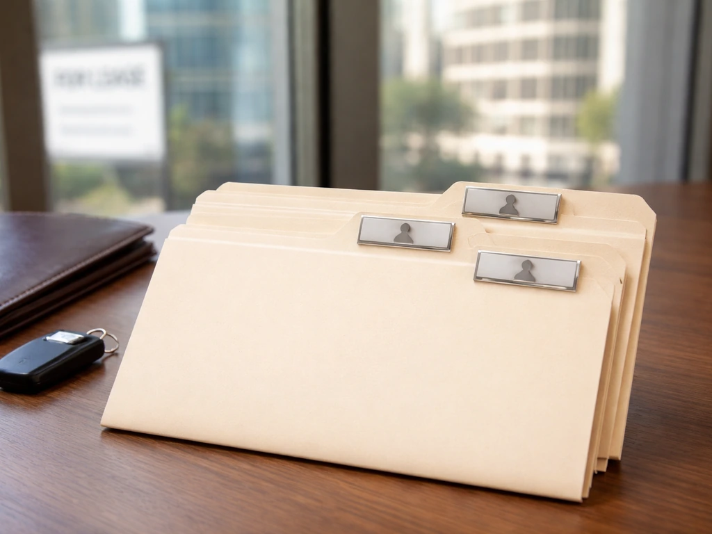 Three blank folders and a key on a desk with a blurred glass office building in the background.