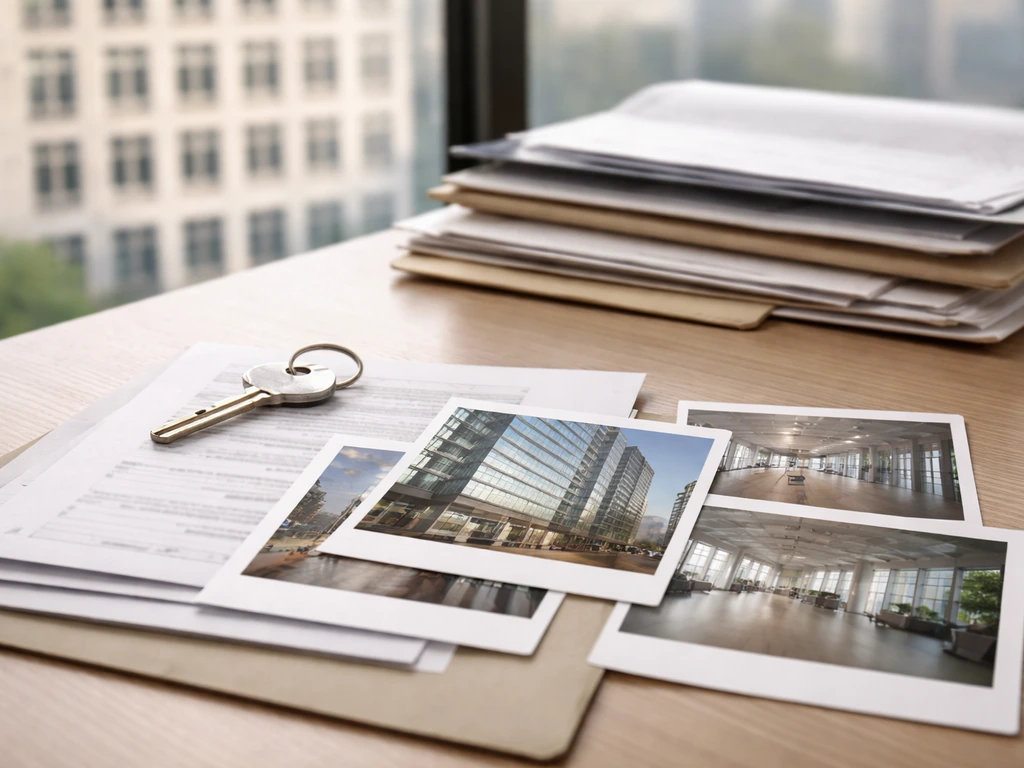 Minimal commercial real estate deal collage with building facade, key, and folder-like documents on a desk.