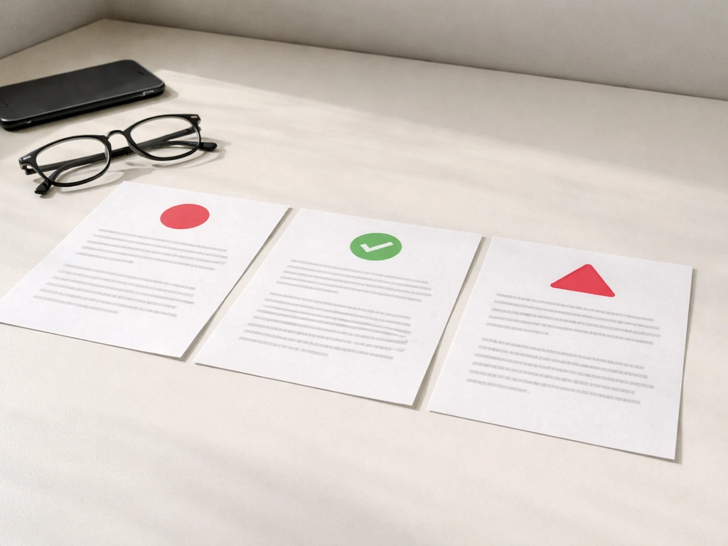 Three document cards on a desk with stamped red/green markers, symbolizing conflicting net-worth sources.