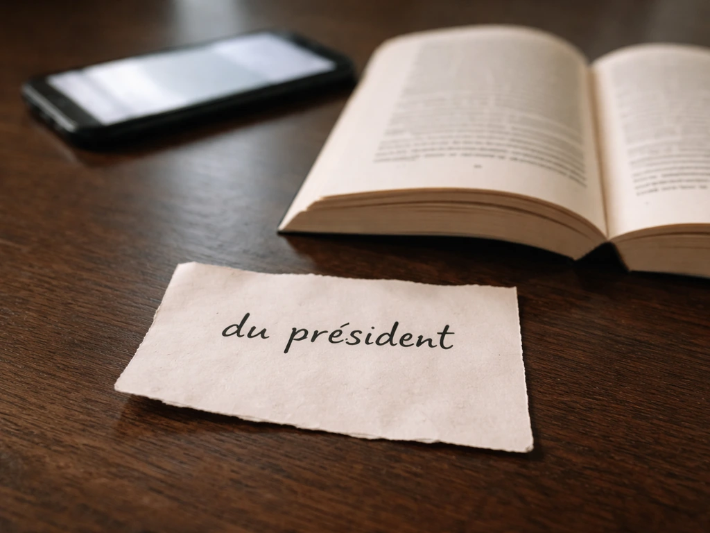 Close-up of a handwritten French phrase “du président” on paper on a desk.