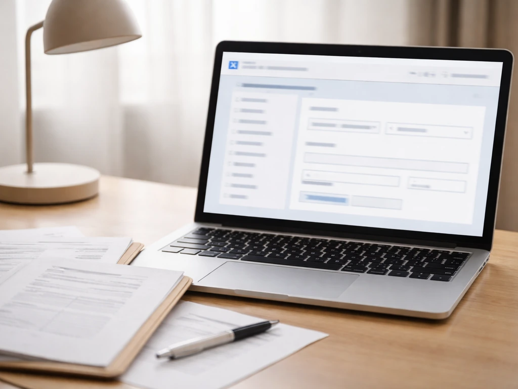 Close-up of a laptop showing blurred government-like disclosure form fields, papers nearby, symbolic wealth research