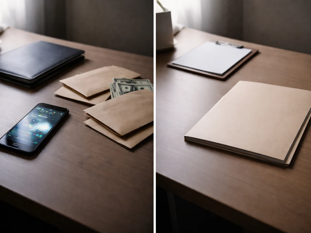 Split scene of a cluttered desk with scattered cash envelopes and a blank folder, symbolizing missing financial data.