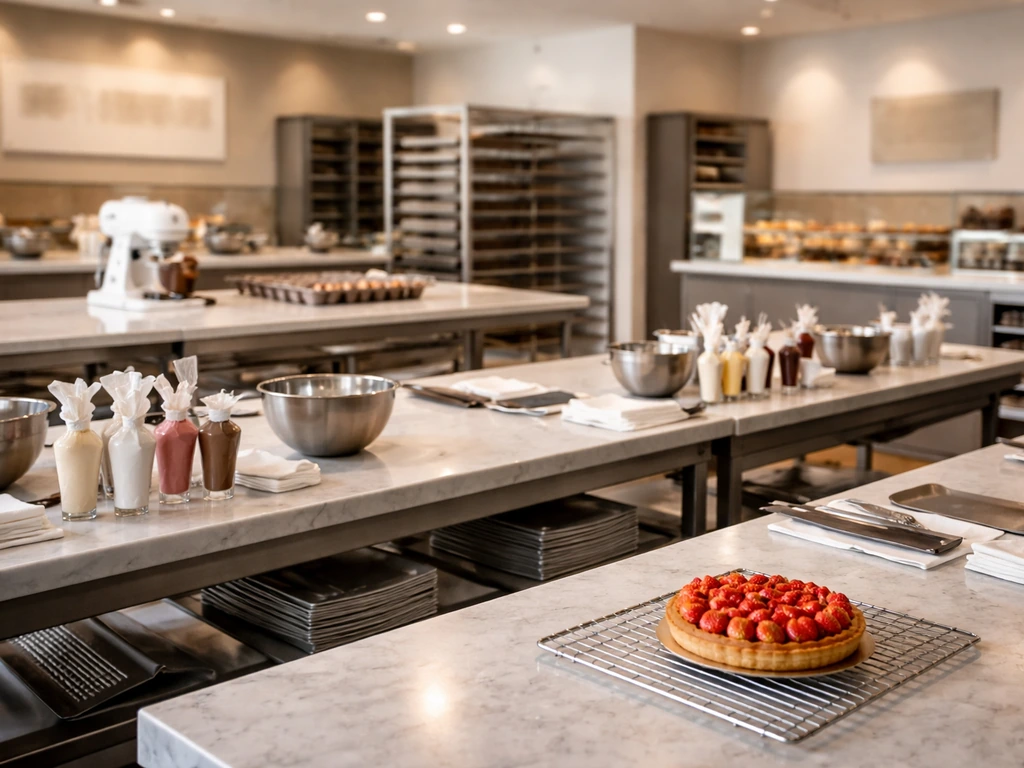 Clean Las Vegas pastry academy classroom with stainless stations, trays, mixers, and chocolate-making tools