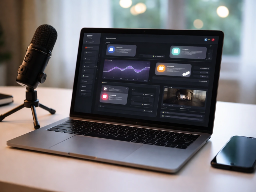 Laptop on a desk with a generic video analytics dashboard, suggesting YouTube monetization and revenue tracking.
