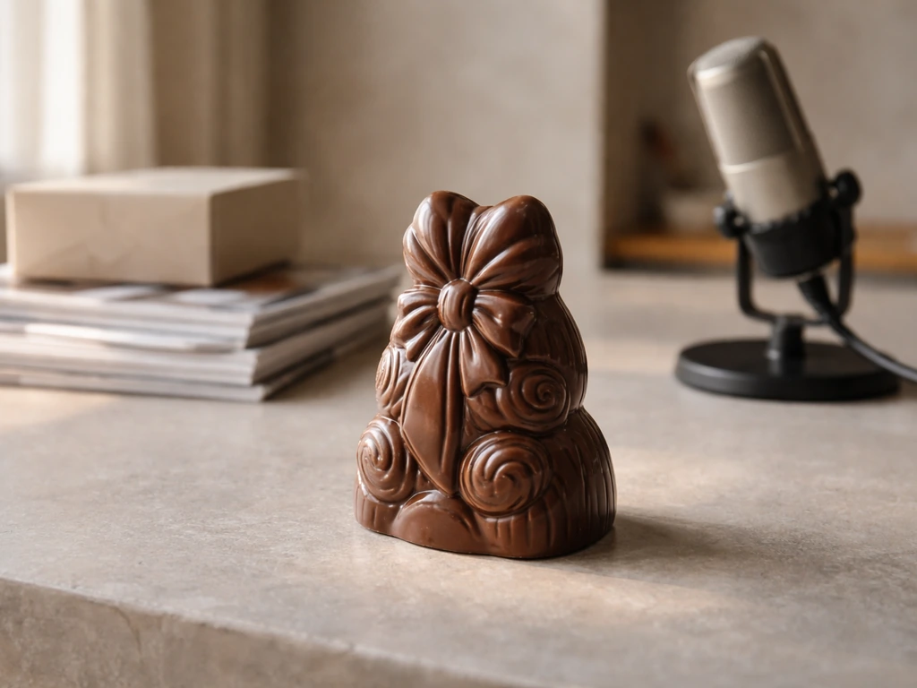 Bespoke chocolate figurine on a studio counter beside a microphone and branded media prop, luxury brand vibe
