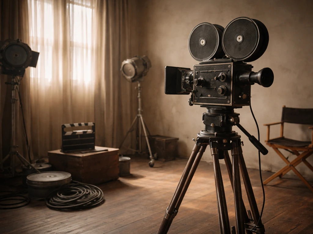 Vintage film studio scene with a tripod movie camera and soft window light, no people shown.