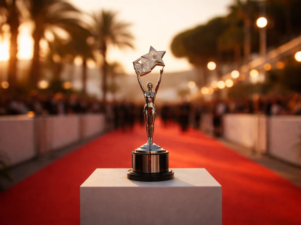 Silver film award trophy on a red-carpet walkway at Cannes with warm sunset bokeh in background