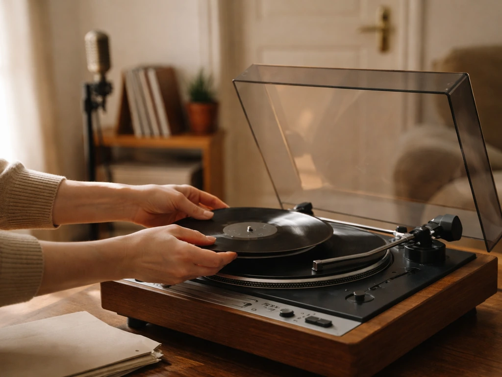 Close-up of a vintage vinyl record player with a calm studio background suggesting music royalties