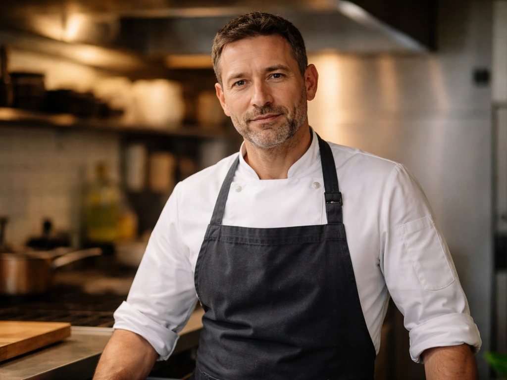 Generic British chef-restaurateur portrait in a softly lit restaurant kitchen, no text.