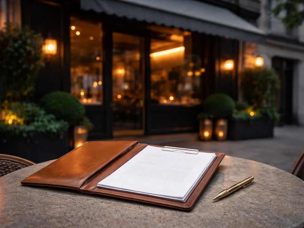 Minimal photo of a restaurant exterior with warm signage glow, next to a folder of financial documents