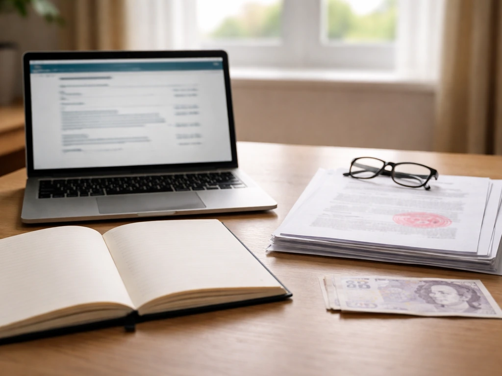 Open notebook and laptop showing blurred public business documents, suggesting how to verify net worth estimates.